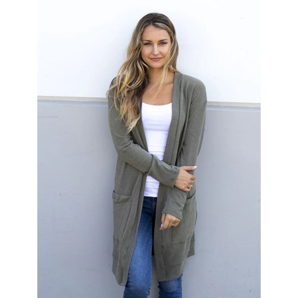Tickled Teal Open Cardigan Womens Size L Olive Green Long Sweater Duster Top